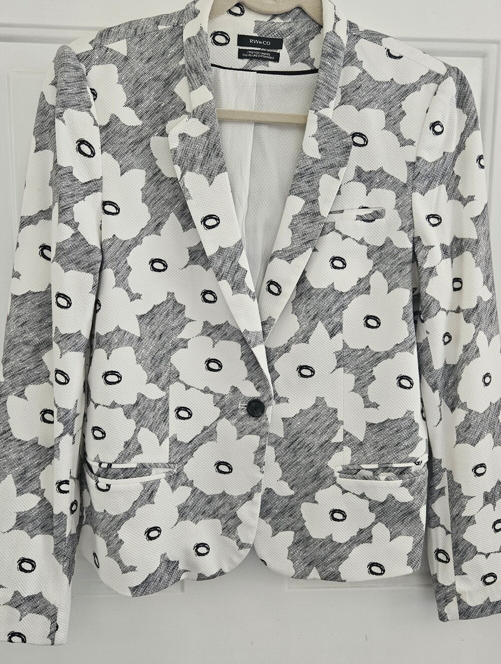 White & Black Floral Cotton Pique Blazer